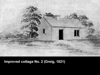 Illustration of a cottage by Greig in 1821. Crown copyright.